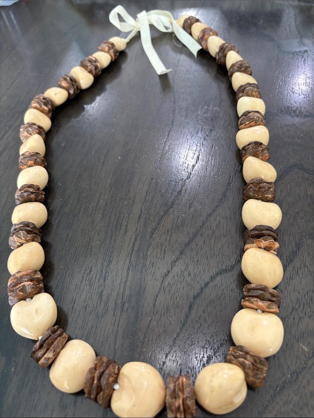 Handmade Cream & Brown Bead Necklace with Ribbon Tie